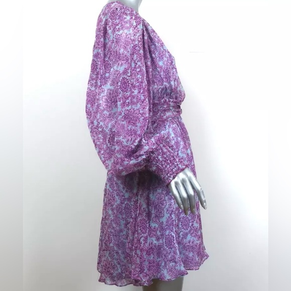 AMUR TWIST-FRONT DRESS PURPLE/BLUE PRINTED SILK CHIFFON SIZE 4 LONG SLEEVE MINI - Picture 6 of 10